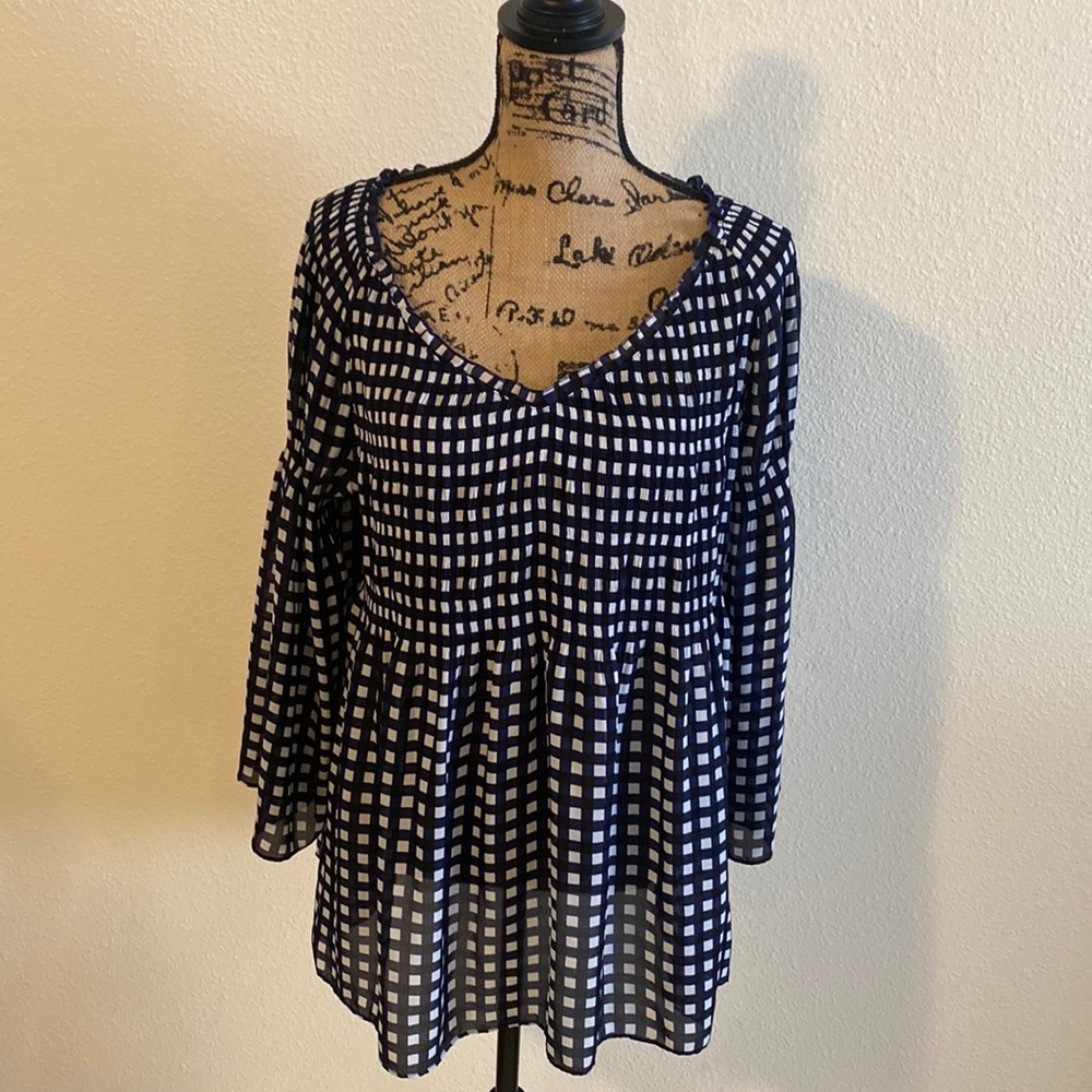 Navy blue and white gingham check sheer blouse with bell sleeves